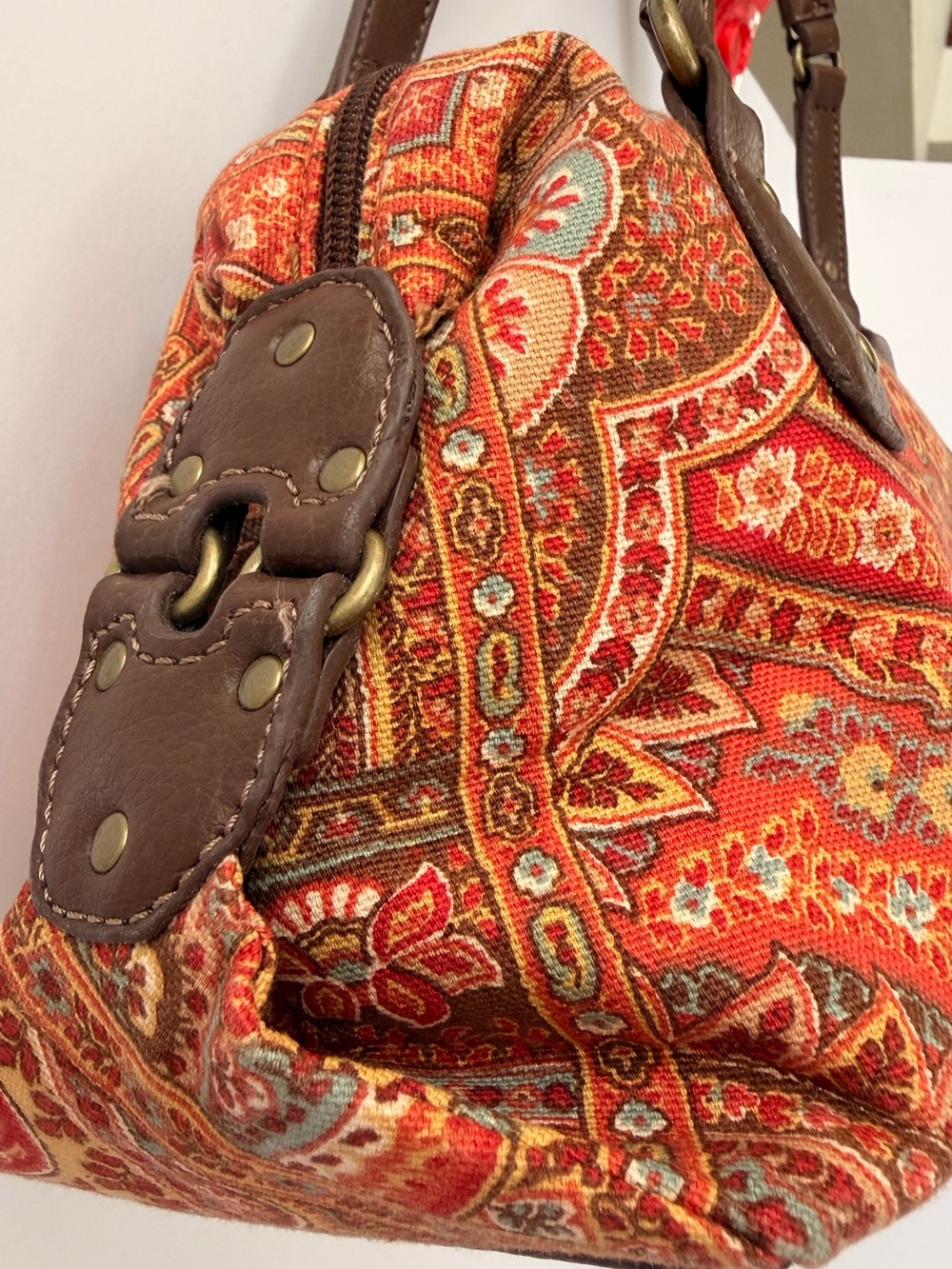 Orange Paisley Shoulder Bag with Brown Handles - Picture 2 of 7